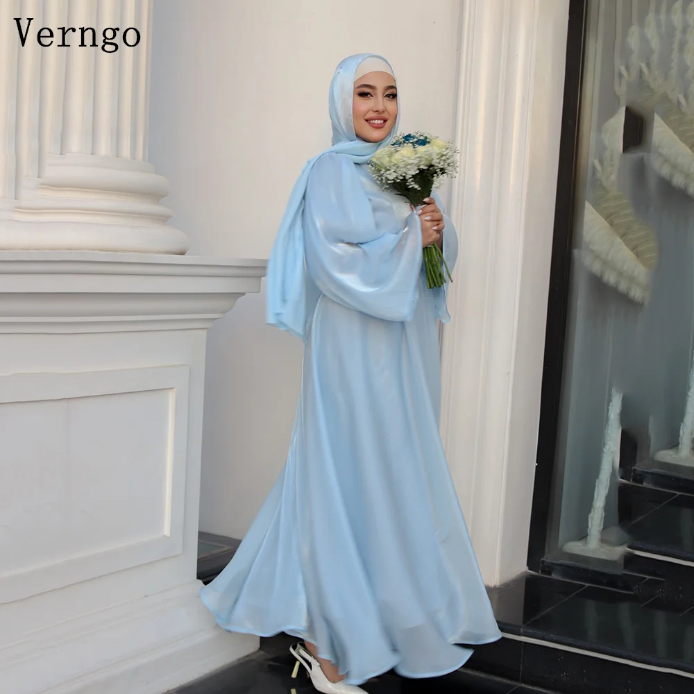 

Verngo light Blue Evening Dresses High Neck Puff Long Sleeves Prom Gowns Muslim Elegant Formal Party Dress Customized