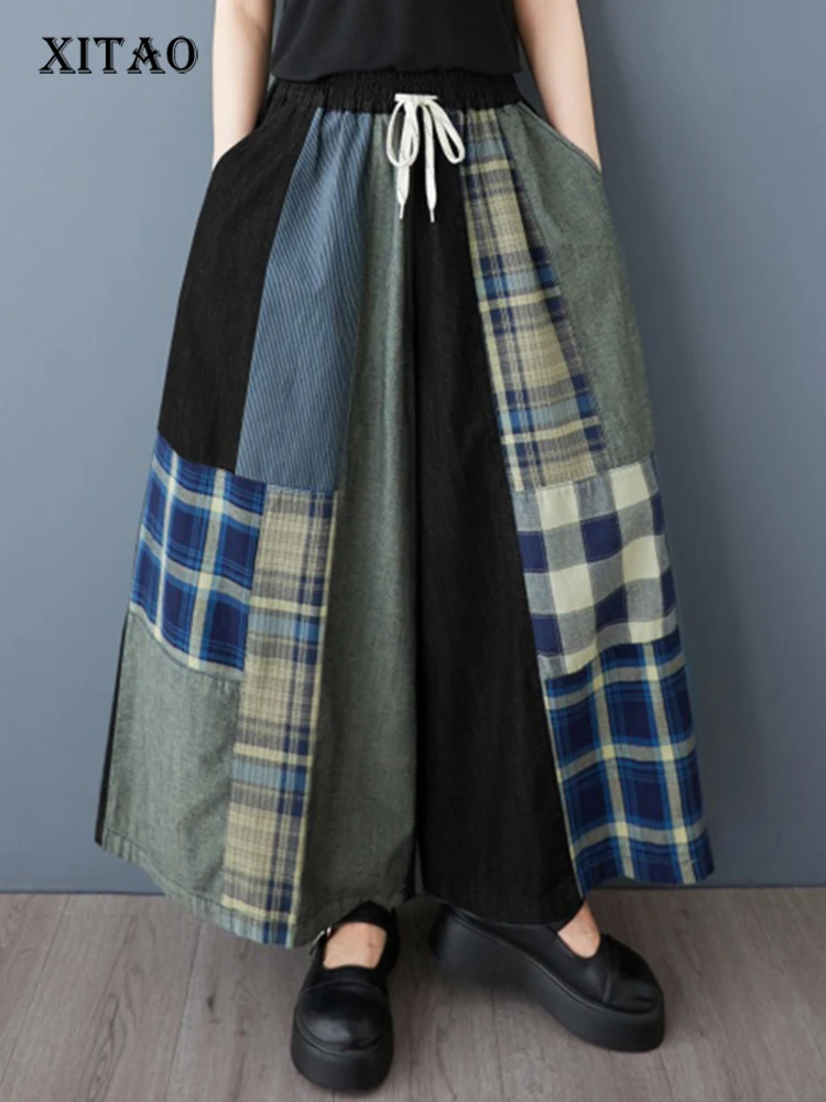

XITAO Patchwork Wide-leg Elastic Waist Female Jean Pant Casual Loose Fitting New Leisure Simple Spring Women Pant GYX1569