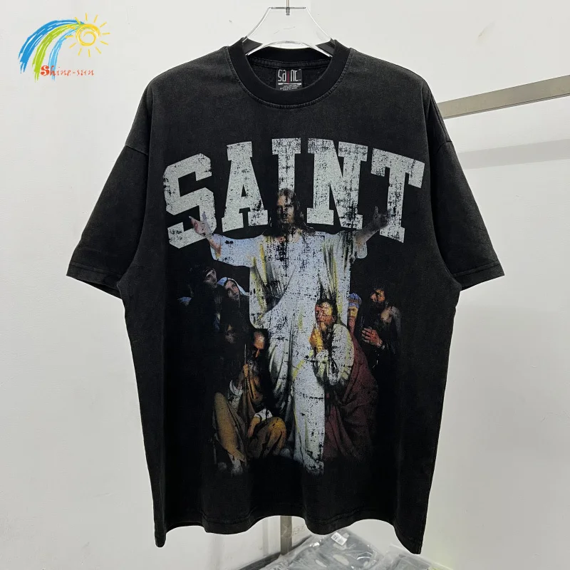 

Hip Hop Jesus Print Vintage Washed Black T Shirt Tee Men Women High Quality Saint Tears T-Shirt Oversized Cotton Top With Tags