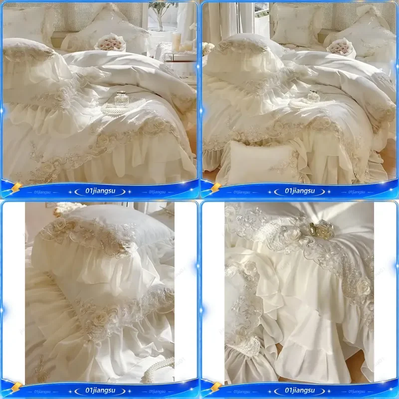 Romantic Egyptian Cotton Wedding Bedding Set French Lace Ruffles Flower Embroidery Duvet Cover Sheet Pillowcases Luxury Home