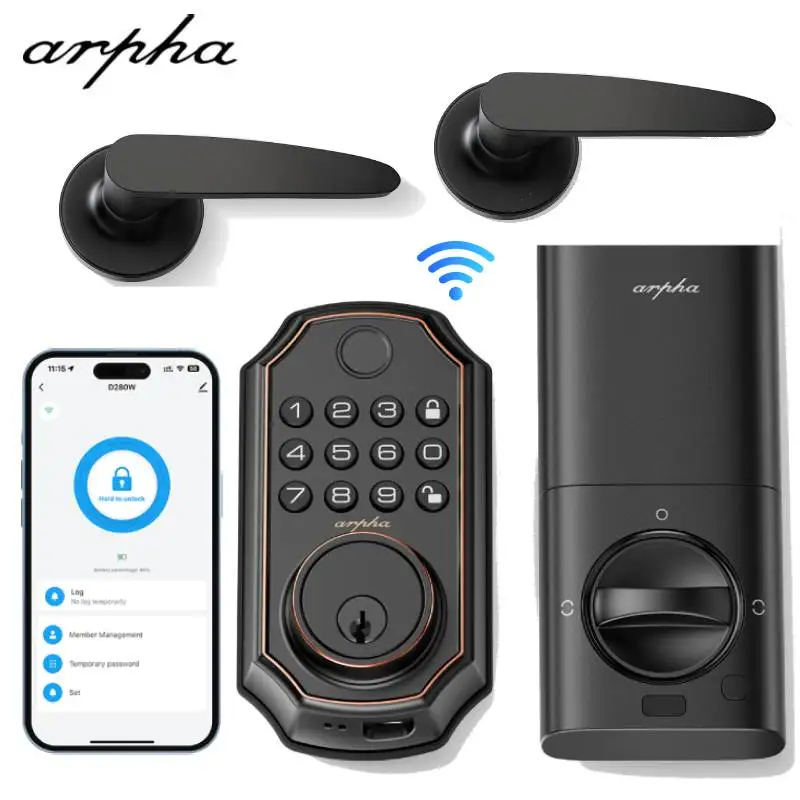 Arpha Smart Lock ‎D280W Set Keyless Entry Door Lock with Handle Set WiFi Lock with Fingerprint Built-in Deadbolt Support Alexa