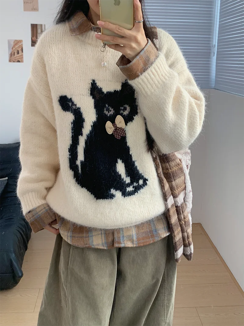 

Милый женский вязаный свитер с узором, осенне-зимний, мягкий, уютный, с мультяшным животным принтом, с длинными рукавами, круглым вырезом, топ