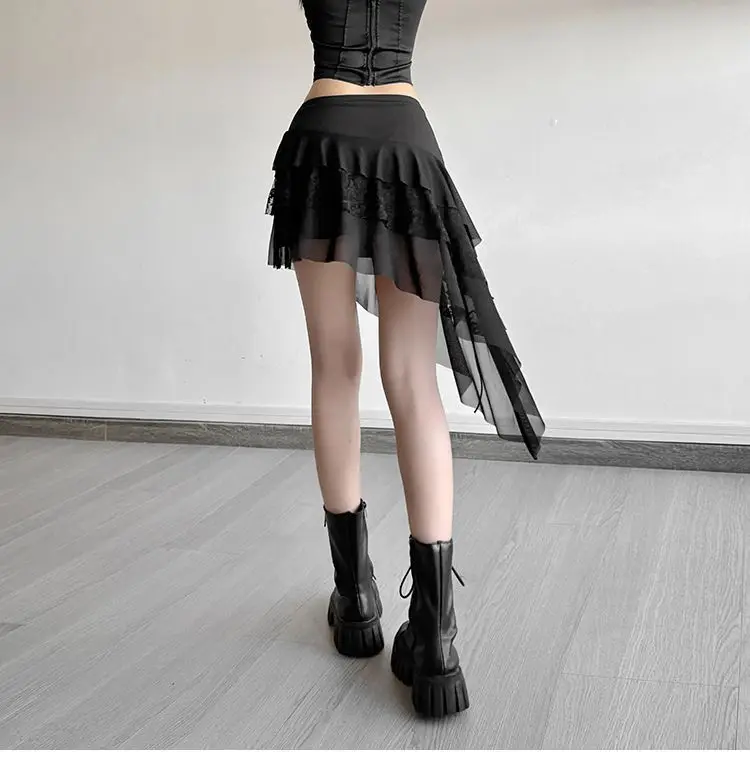 26SS Punk Lace Stitching Design Irregular Lace-up Skirt Women