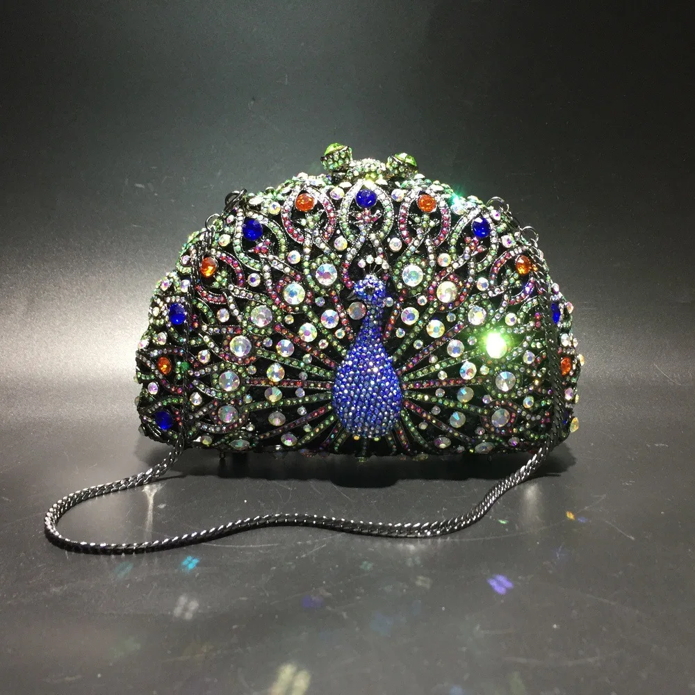 Women Peacock Animal Multicolored Clutch Bag Diamond Crystal Dinner Party Gala Handbag Wedding Bridal Birthday Gift Cute Purse