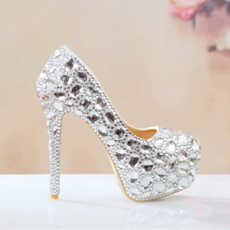 Party Wedding Women Pumps PU 11CM Thin High Heels Pointed Toe Shallow Slip-On New Crystal Shoes Shoes for Women Silvery