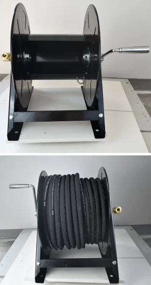 Hand Crank High Pressure Hose Reel 40-75m Large Bore for Lubricating Oil, Trestle Washing & Pneumatic Tool, Steel Axle