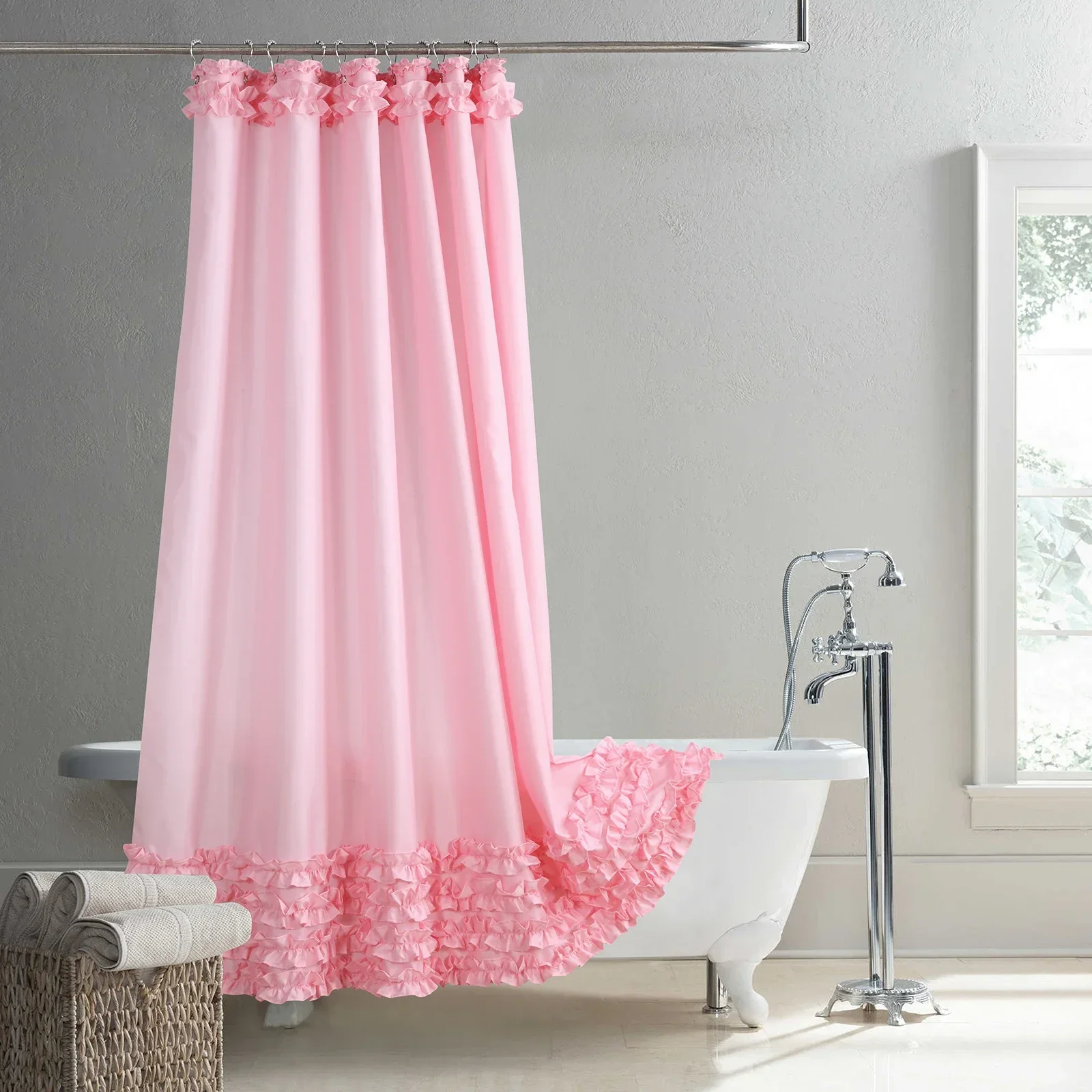 Ruffled Pink Modern Polyester Waterproof Fabric Solid Decoratived Farmhouse Shower Curtain