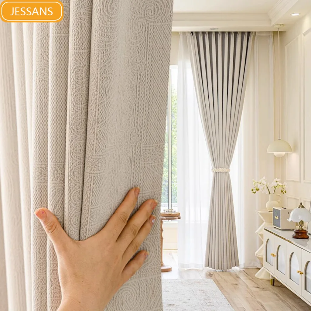 

High End Dark Jacquard Cream Thickened Chenille Shading Curtains for Living Room Bedroom French Window Balcony Villa Partition