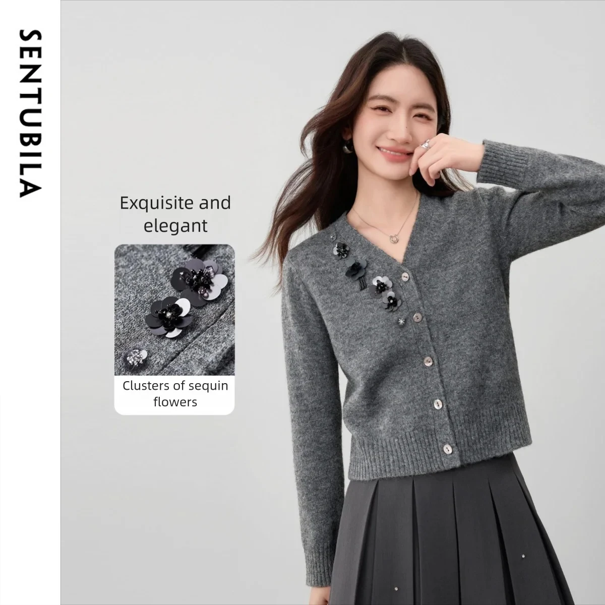 

SENTUBILA Кардиган женский, роскошный вязаный свитер, осень 2022, мягкий свитер с длинными рукавами и v-образным вырезом, топы с блестками W53EB3381