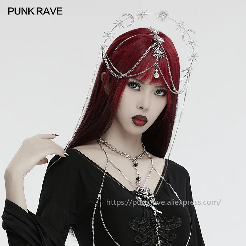 PUNK RAVE Women's Gothic Star Moon Sun Headwear Alloy & Imitation Diamond Circular Chains Cosplay Halloween Accessories 