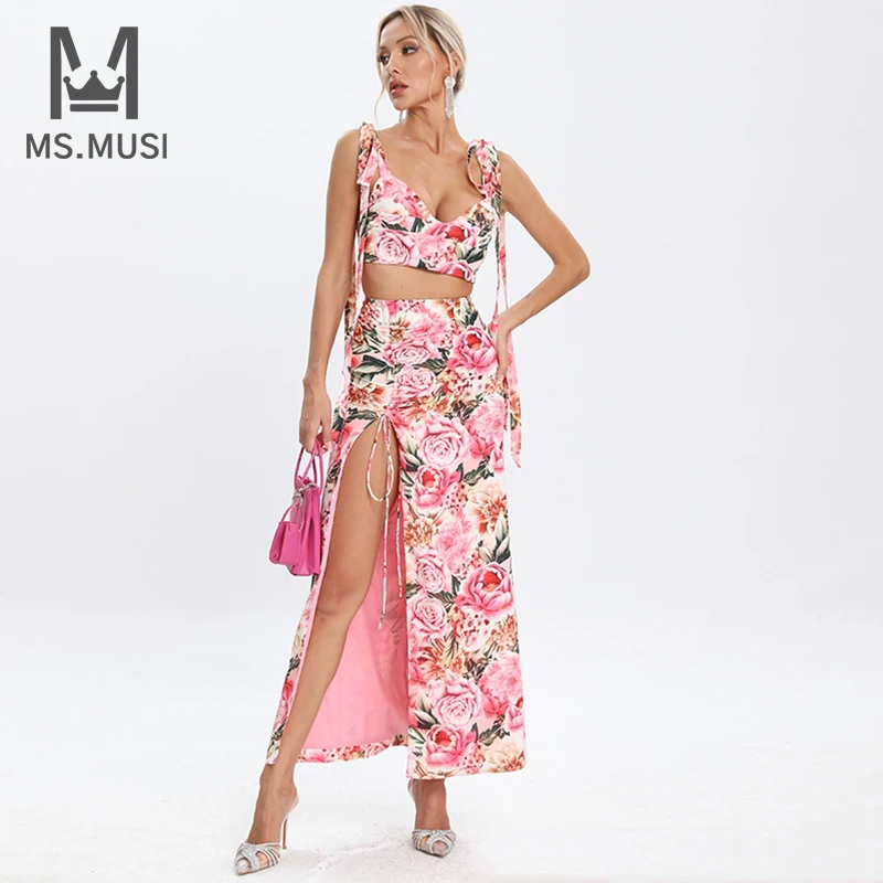 

MSMUSI 2023 New Fashion Women Sexy Floral Printing Two Piece Set Bodycon Party Strap Lace Up Backless Top Slit Long Skirt Set