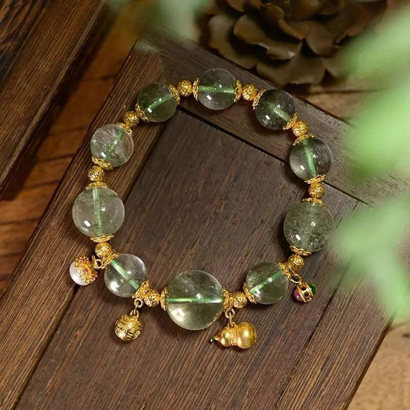 

Браслет из натурального зеленого фантомного кварца, расшитый бисером, S925, позолоченное стерлинговое серебро с подвеской в виде тыквы, ювелирные изделия с кристаллами удачи богатства