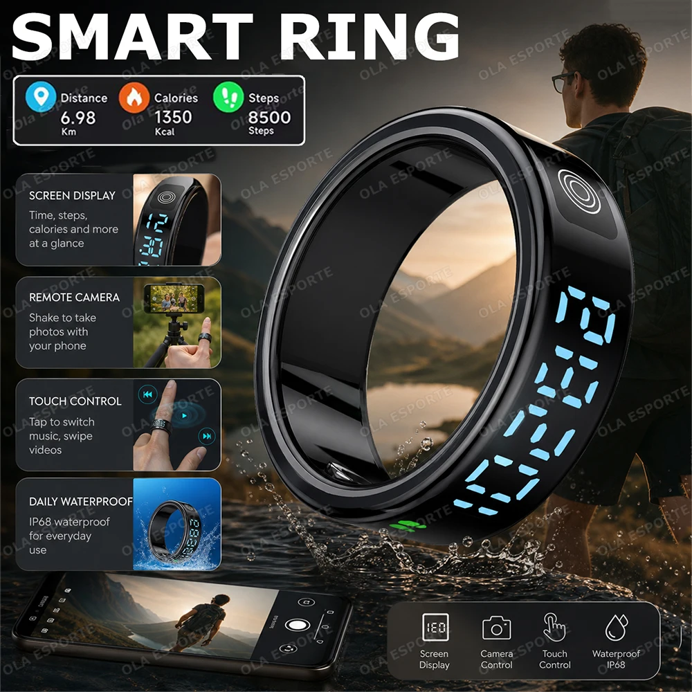 2026 R12 Smart Ring mit Display und Touch-Funktion, kabelloses Laden, Gesundheitsmanager, 5ATM wasserdicht für Herren und Damen, Smartring Neu