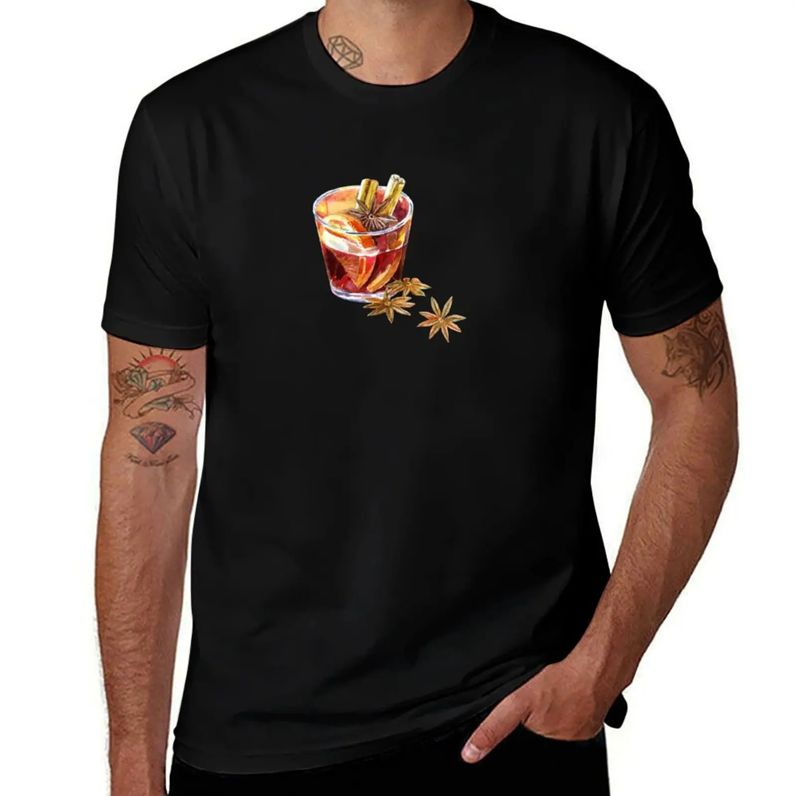 Taza de vino caliente con semillas de anís y naranja. Camiseta de algodón para hombre, camiseta 100% para hombre, Camiseta de algodón pesado