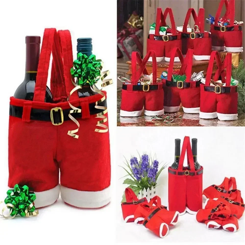 

1pcs Christmas Buckram Santa Pants Bag Large Handbag Candy Wine Gift Bag Xmas Decor Cheer Gift Treat Candy Wine Bottle Holder