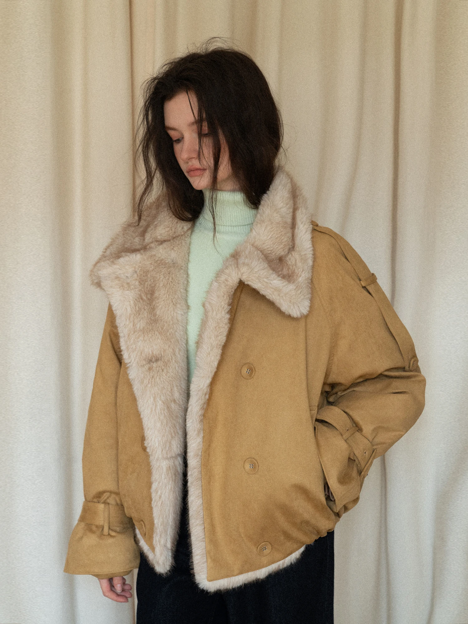 

Thickened Fleece Lined Short Jacket Women's Retro Stylish Warm Top EGGKA Khaki Coat Casual Fashionable Female Outerwear