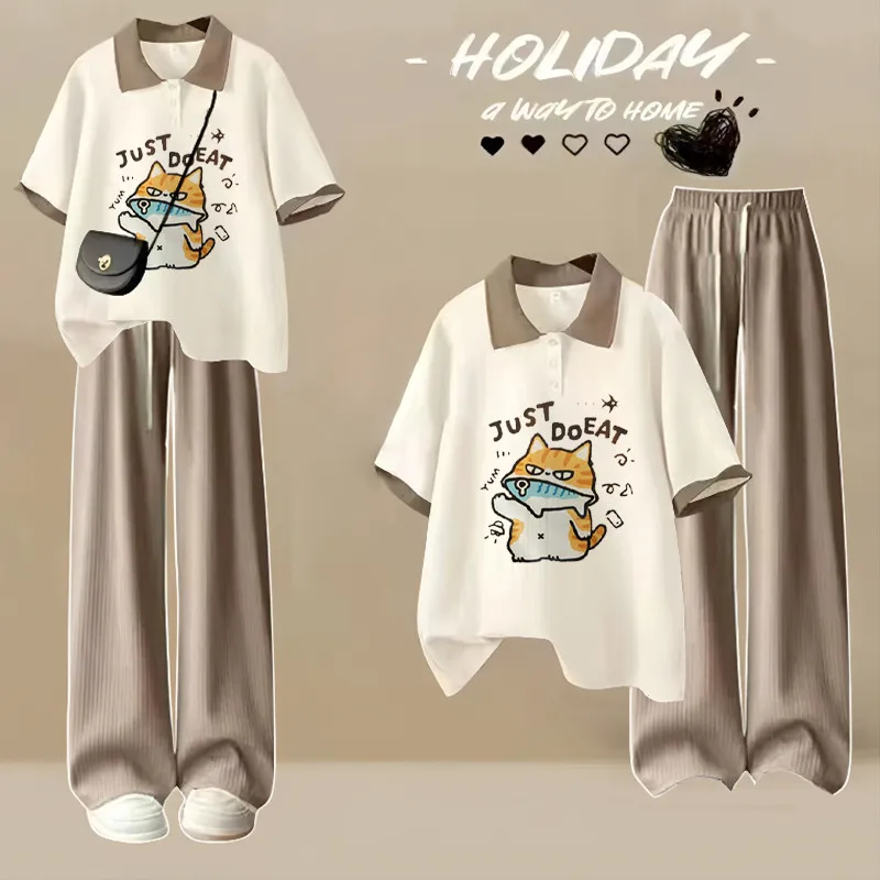 เสื้อยืดแขนสั้นโปโลญี่ปุ่นฤดูร้อน - พิมพ์การ์ตูนน่ารักเรียบง่ายหลวมพอดีขนาดใหญ่