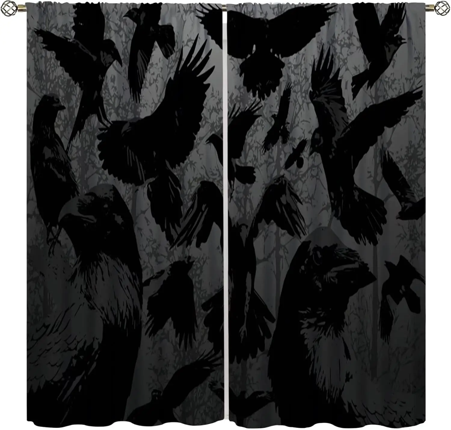 Gothic Crow Forest Curtains, Halloween Flying Spooky Black Raven Crow Black Dark Wings Thriller Rod Pocket Window  2 Panels
