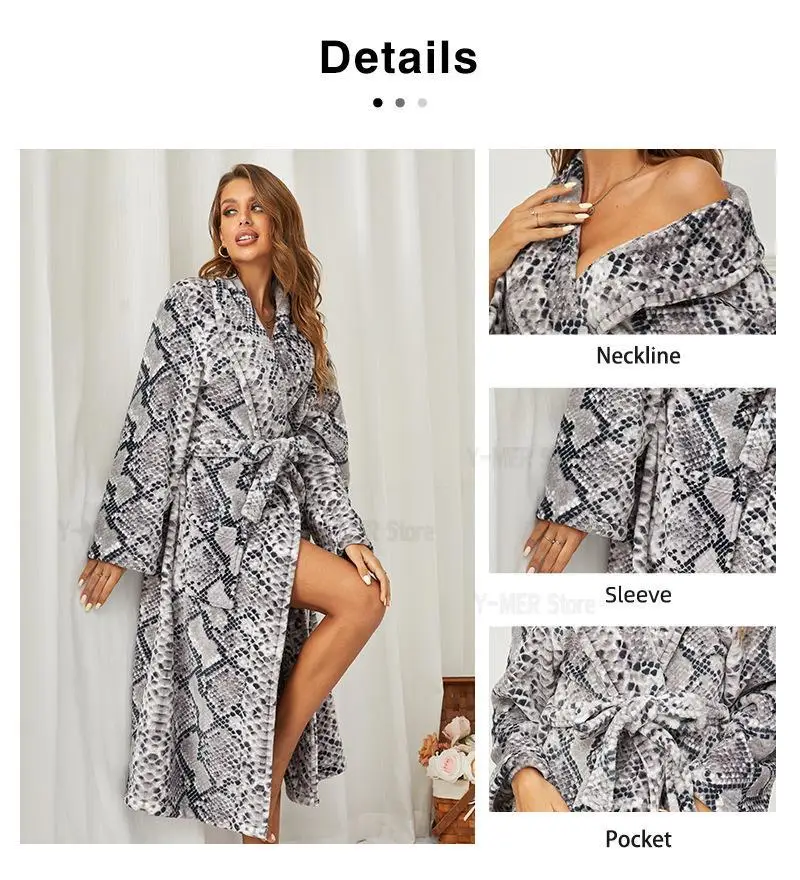 Sexy Snake Skins Robe Women Warm Winter Sleepwear Flannel Kimono Bathrobe Shower Robes Loose Long Home Dressing Fown Nightgown