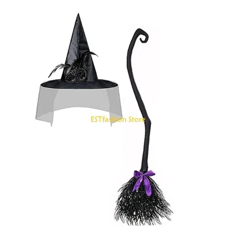 

Y5GC Witch Hat and Broom Set Witch Pointed Witch Flying Hat Halloween Party Props