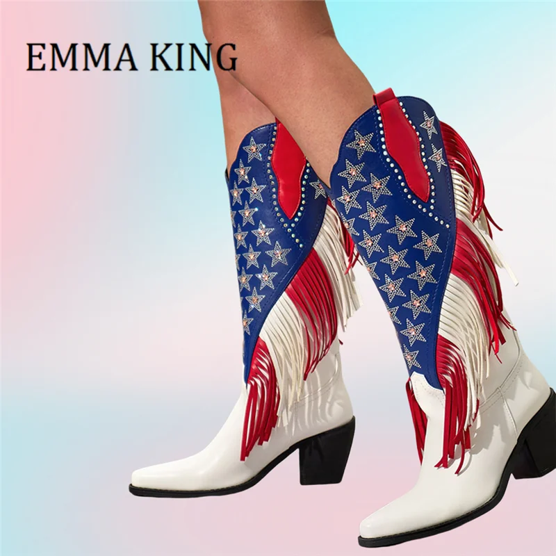 Western Mid-calf Boots Pointy Toe Star Rhinestone Fringe Cowgirl Boots Retro Chunky Heel Cowboy Boots Autumn Winter Party Shoes