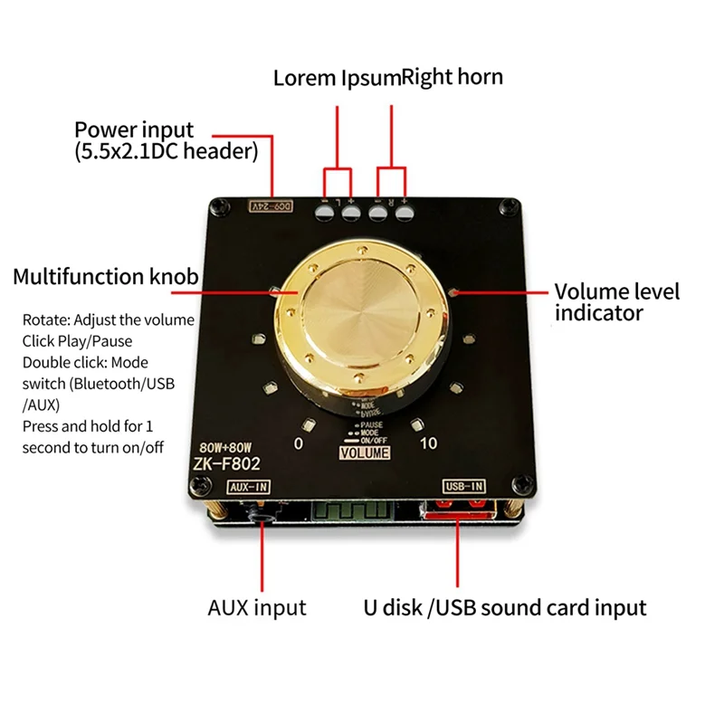 Y43A-ZK-F802 5.1 Bluetooth 80W 2.0 Channel Power Amplifier Board Parts With Short Circuit Protection For Sound Box