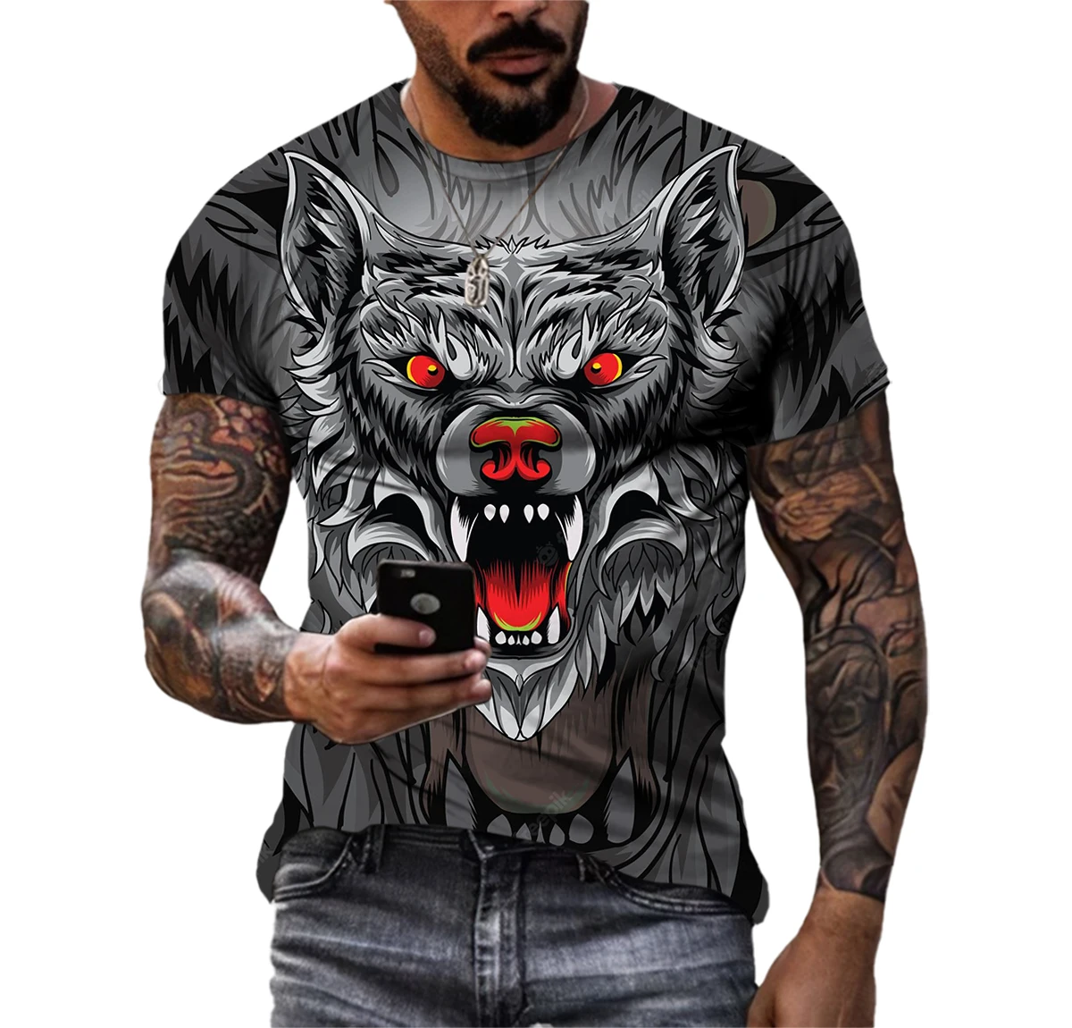 Wolf Totem Summer Men's T-Shirt Animal Beast Pattern Printing Short Sleeve Personality Street Classic O Neck Quality Shirt 6XL