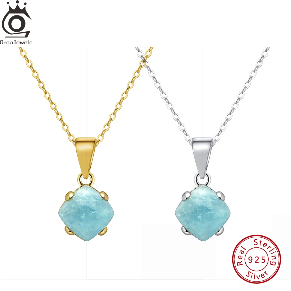 

ORSA JEWELS Women Natural Aquamarine Pendant Necklace 925 Sterling Silver Gemstone Pendant Choker Chain Jewelry Gifts GMN33