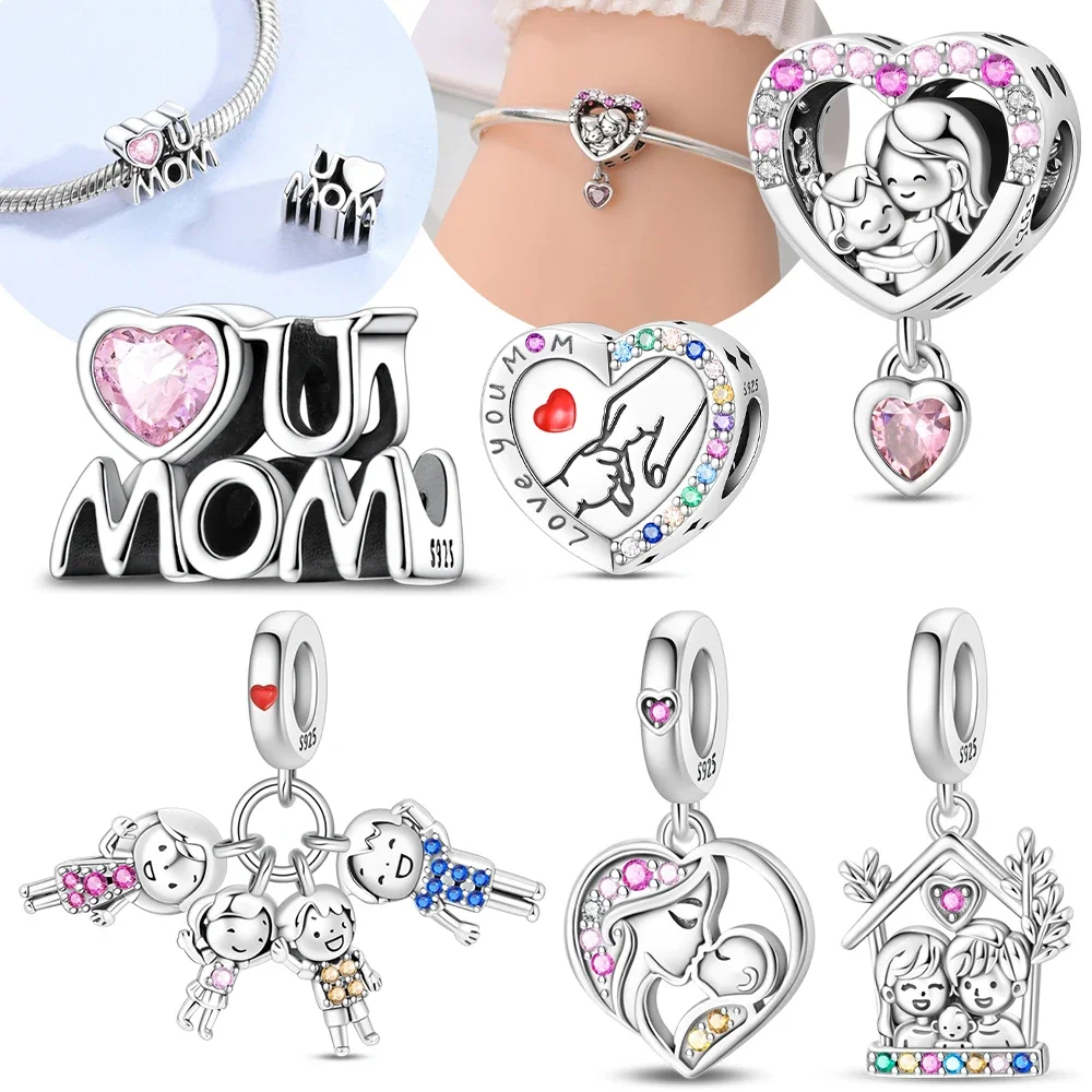 Pink Heart Bead Necklace Symbolizing Family Affection Mother Love Original 925 Silver Plated Fit Bracelet Diy Jewelry Accessory