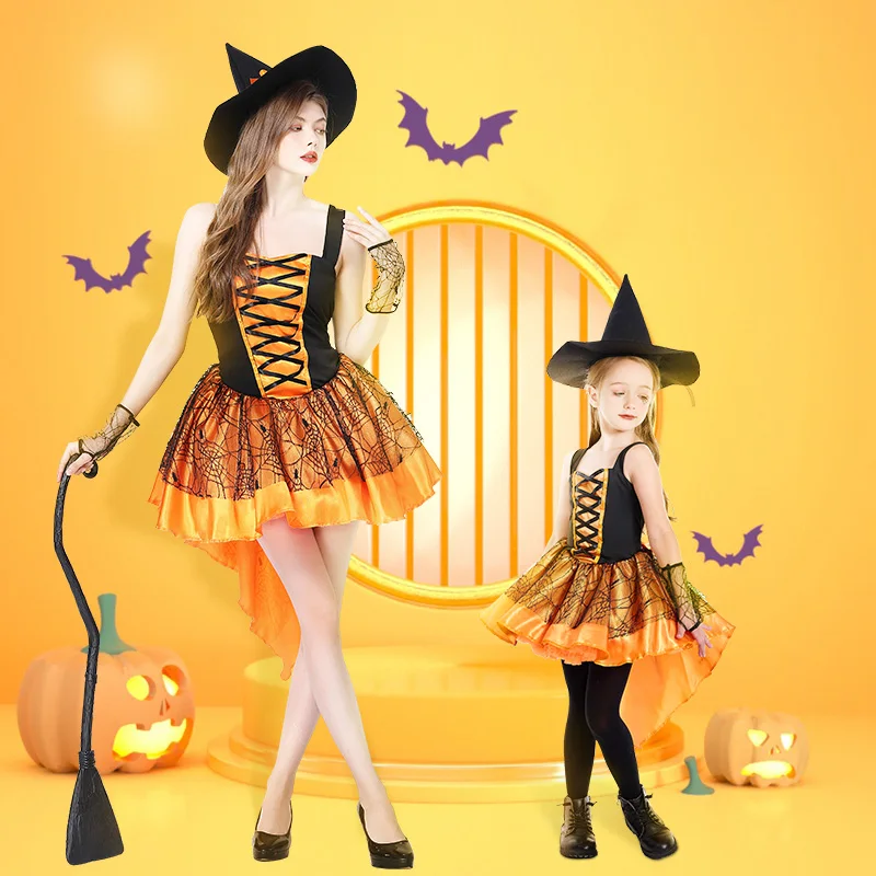 

Halloween Costume Witch Role Play Dress Orange Puffy Strap Dress for Women Polyester Material Performance Stage Outfit