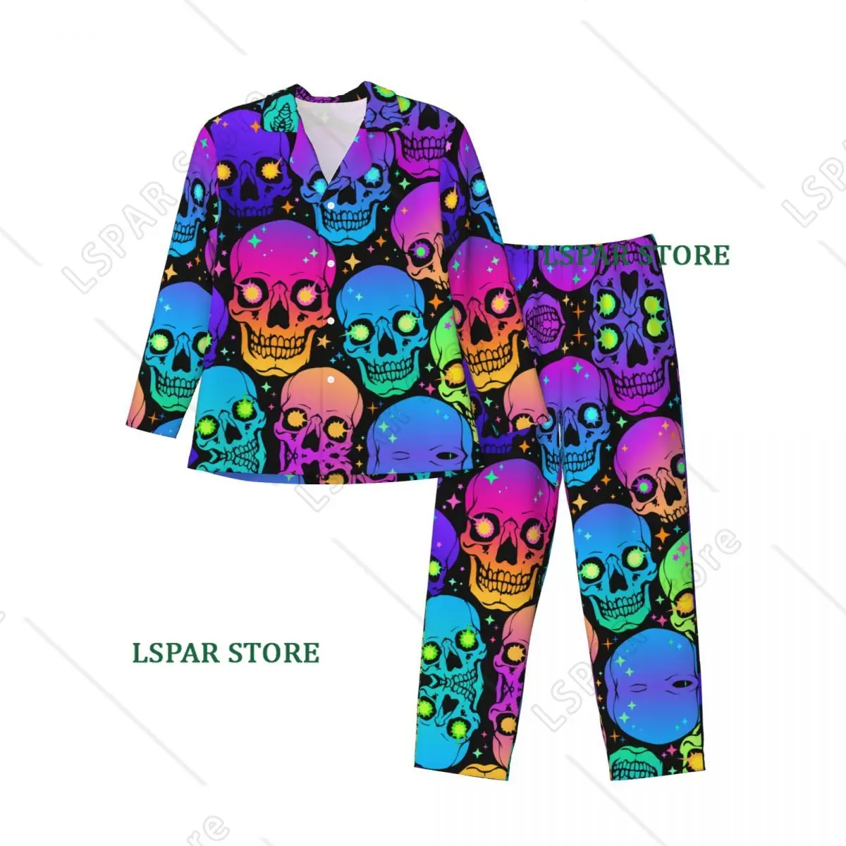 Colorful Skull Long-sleeved Trousers Pajamas for Men Autumn and Winter Homewear Sleepwear Sets