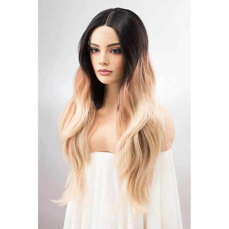 black to brown to blond long wave t part Lace Front 100% human Hair Wig Glueless