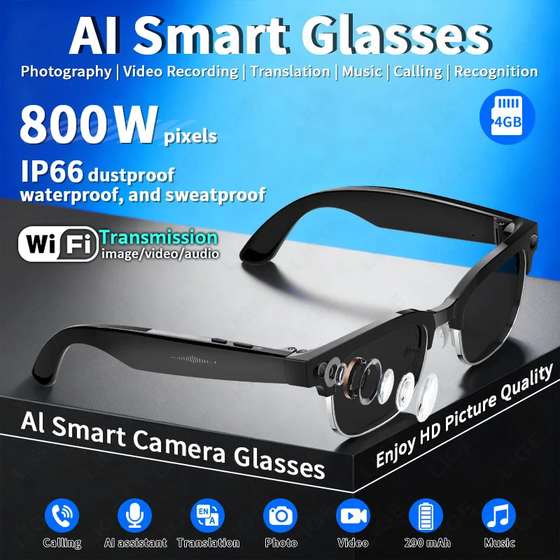 

LIGE AI Smart Color Changing Glasses HD 8MP Shooting Camera Photo Video Voice Control BT Calling Translate Waterproof Sunglasses
