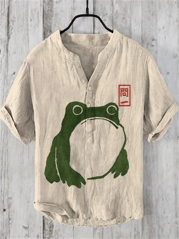 قميص هنري - تي شيرت رجالي بأكمام قصيرة مطبوع عليه ضفدع، بلوزة فضفاضة غير رسمية، قميص علوي S-5XL ملابس عصرية