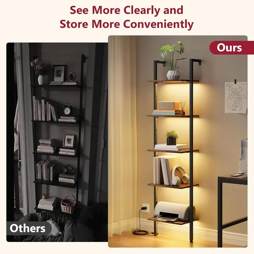 Prateleira de escada com estrutura de metal rústica marrom para sala de estar, quarto, escritório com luz LED