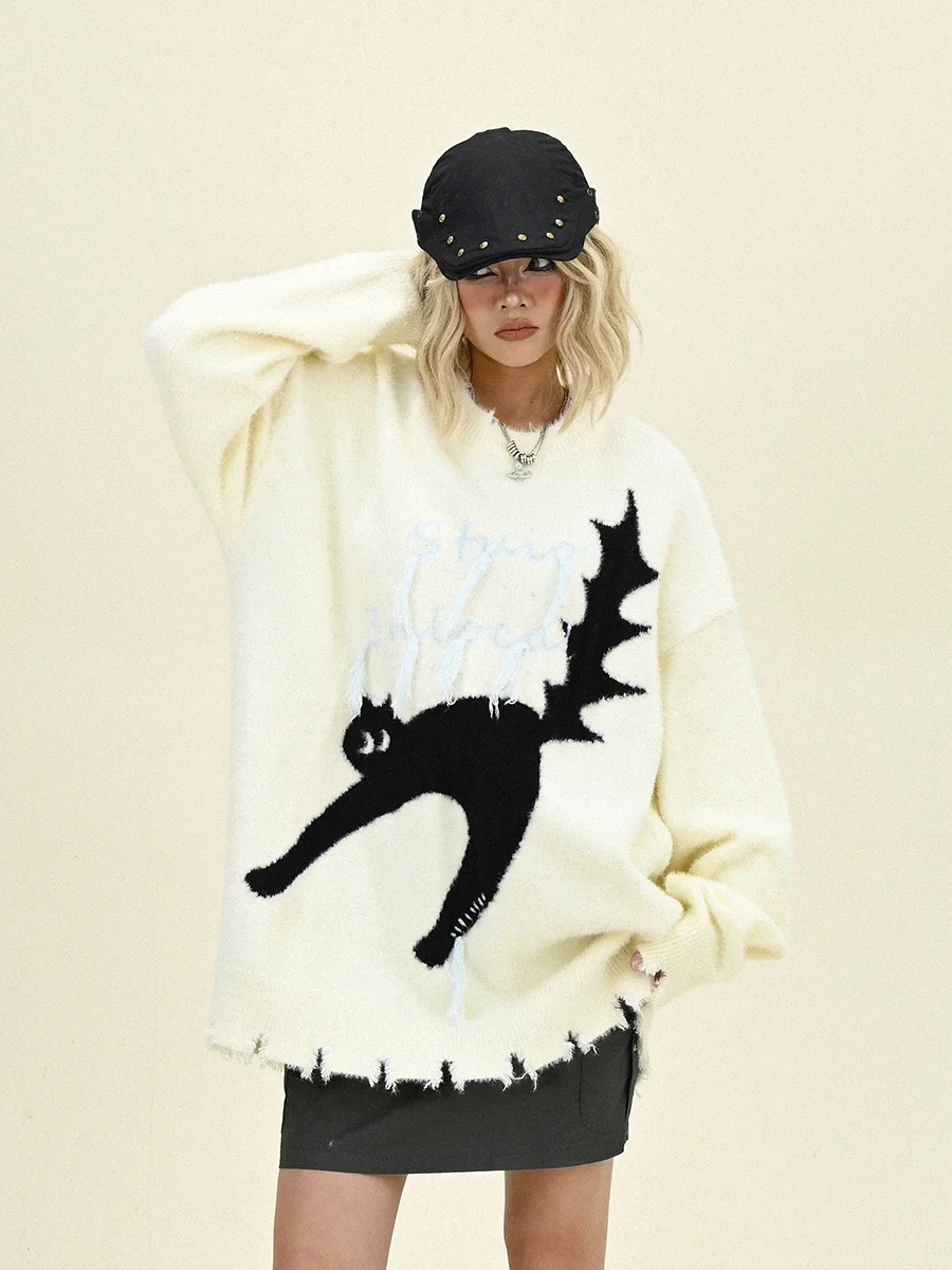 Cat Jacquard Crew Neck Sweater Women's 2024 Winter New Loose Bf American Lazy Wind Knitted Top