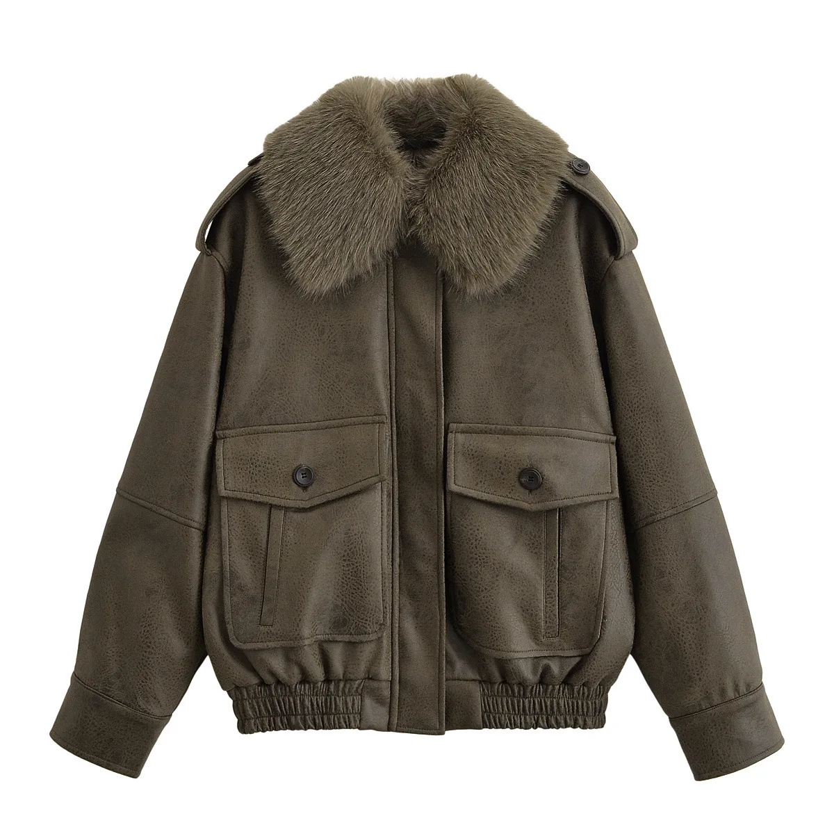 

KIDCRKJ Women Winter Leather Jacket Detachable Collar Big Pockets Female Baseball Coat Minimalist Fashion Lady's Pilot Outwear