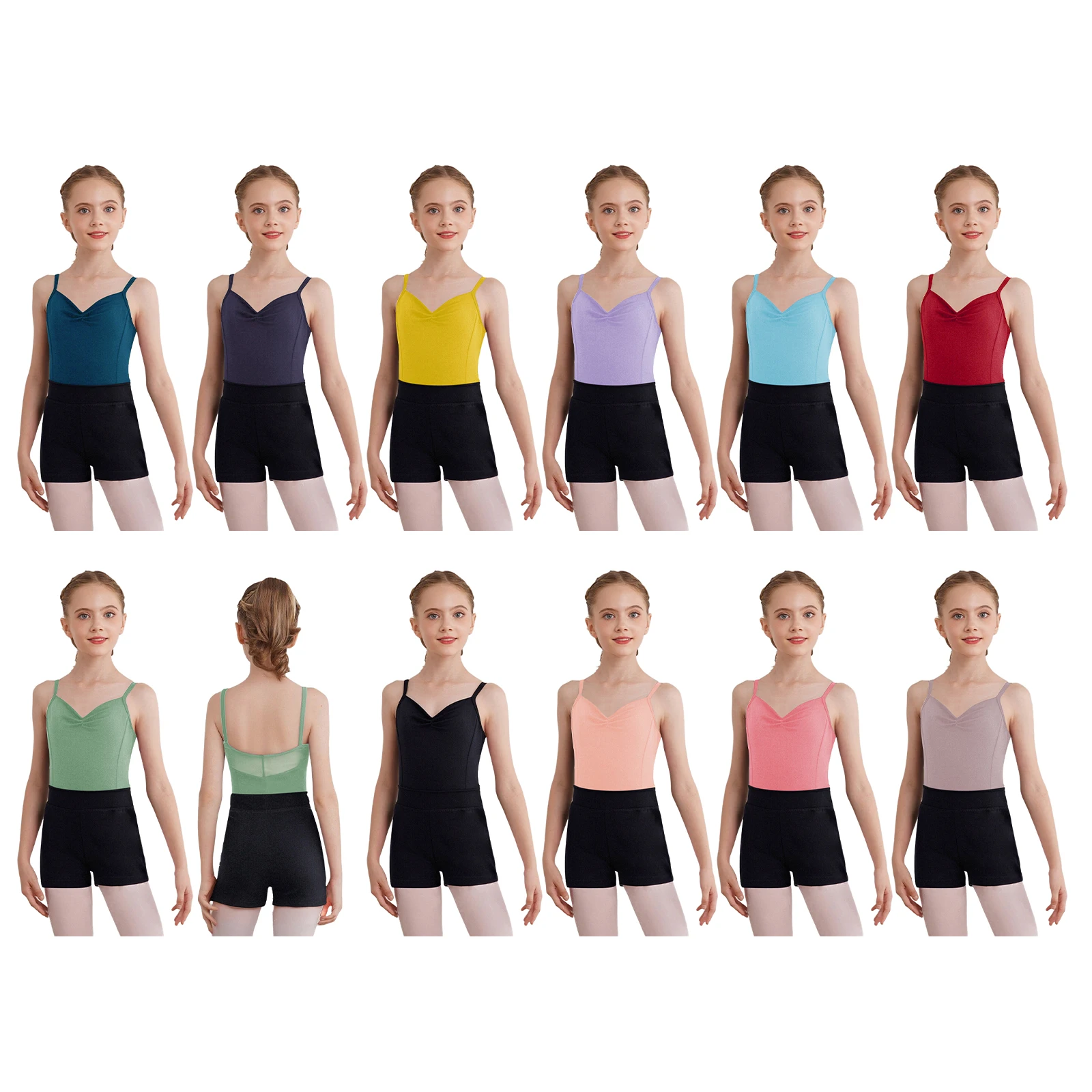 Tenue de spectacle de danse de gymnastique pour enfants filles, sans manches, dos nu, bretelles Spaghetti réglables, justaucorps de Ballet froncé avec short