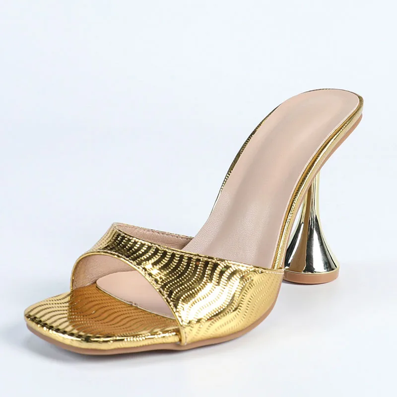 

Aneikeh/Мюли, модные женские сандалии, шлепанцы с золотым квадратным носком, летние вечерние модельные туфли на мелком высоком каблуке, большой размер 44.