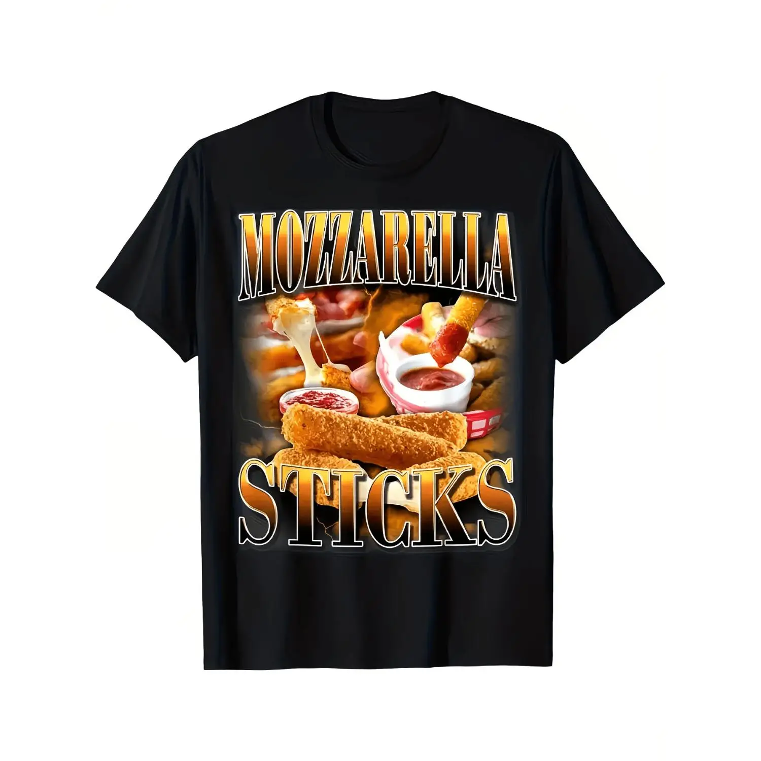 Italian Food Graphic T-Shirt - Black Pizza Lover Tee with Mozzarella Sticks Design - Soft Breathable Crew Neck Shirt for Teenager & Teenager - Lightweight Casual Casual Attire Party Outfit - Machine Washable Apparel, for Teenager, For Teenager