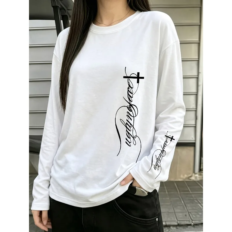 Vintage Floral English Cross Print Long Sleeved T-shirt, Y2K Street Style Women's Versatile Basic Base Shirt
