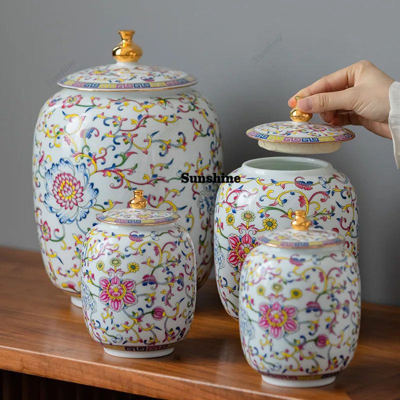 Enamel Painted Flower Pattern Storage Jar Sealed Tea Jar Sundries Food Storage Decorative Tank Crafts Ceramic Tank Home Decor