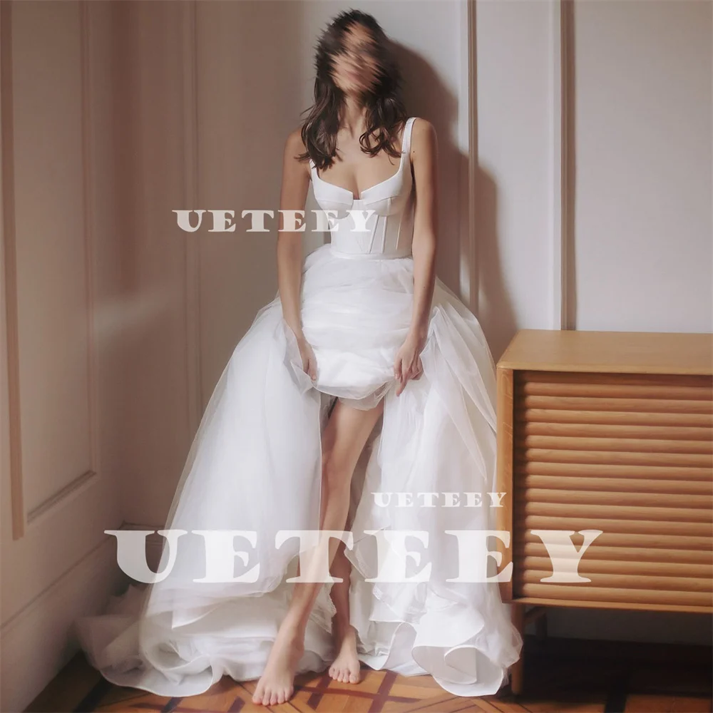 UETEEY Abito da sposa in tulle senza maniche con scollo quadrato semplice personalizzato Elegante abito da sposa con strascico a corte sul pavimento con cerniera posteriore