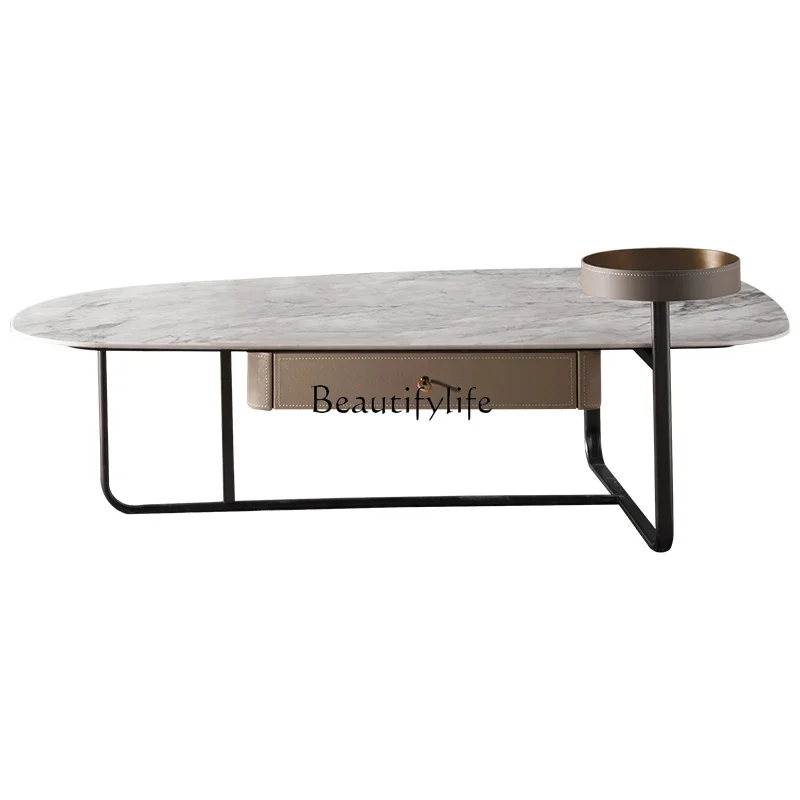 Italian minimalist marble coffee table saddle leather hard leather creative special-shaped Nordic tea table