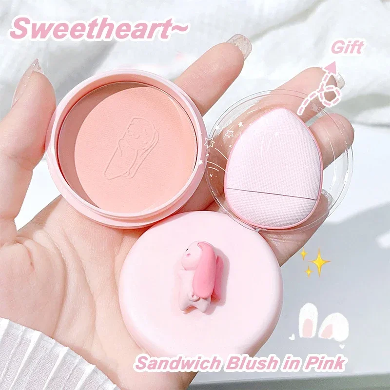 Peach Blush Palette Girl Cheek Contour Tint Blusher Cream Long Lasting Makeup Rouge Powder Pigment Box with A Cosmetic Mini Puff