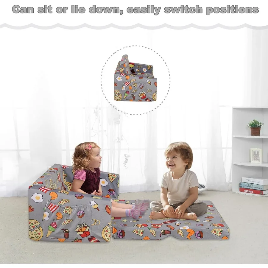 2 in 1 Convertible Foam Kid Sofa Couch for 's Room Velvet Toddler Sofa Chair with Side Pocket Storage Easy to Transform from So