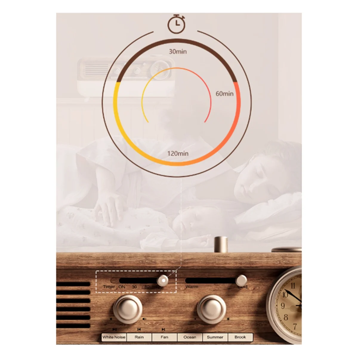 

Bluetooth Speaker Vintage Sleep White Noise Simulation Wake Up Alarm Clock Night Light Faux Wood Grain Rechargeable