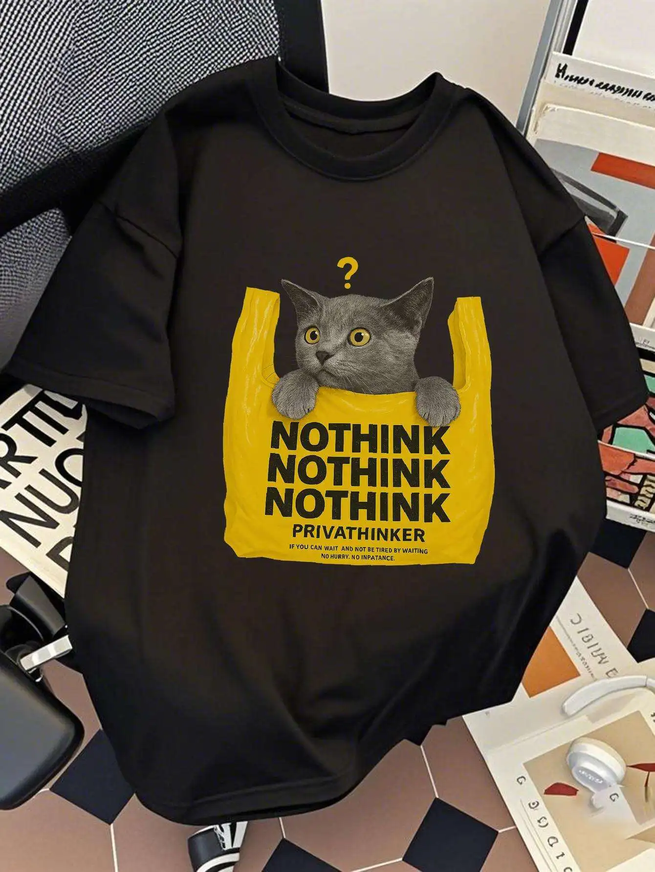 PRIVATHINKER Graphic Print Summer Breathable Fit Tee with Cat Design & 