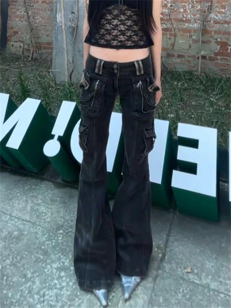 

Женские расклешенные джинсы с несколькими карманами, крутые осенние брюки для девочек, повседневные брюки, женские уличные джинсовые брюки-карго