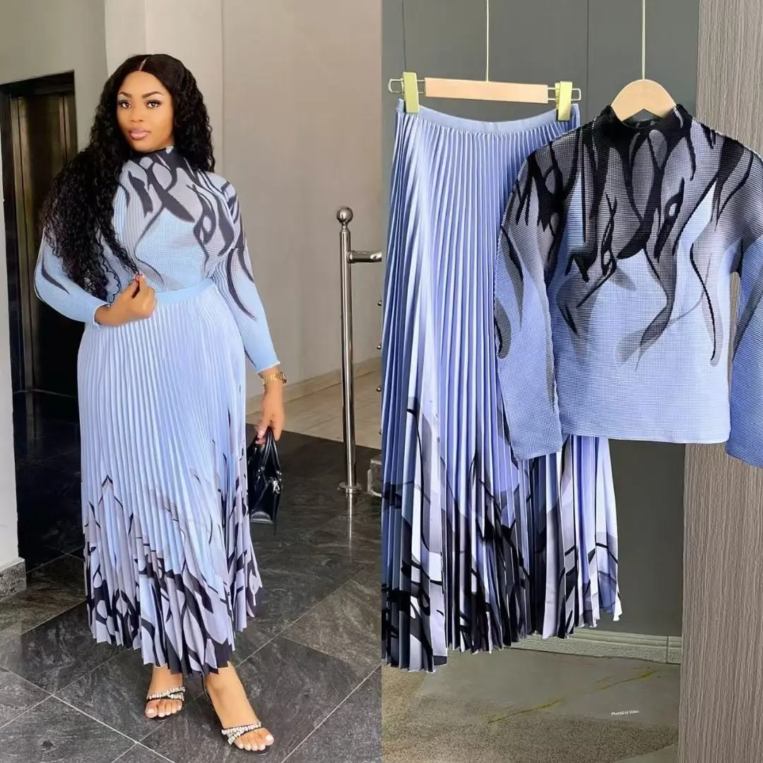 قطعتين المرأة بدلة نواة الذرة مياكي التعادل صبغ تنورة حجم كبير دعوى مطوي عالية المرونة طويلة الأكمام مطوي تنورة رائجة البيع الأوروبية والأمريكية اليومية المنزل السفر